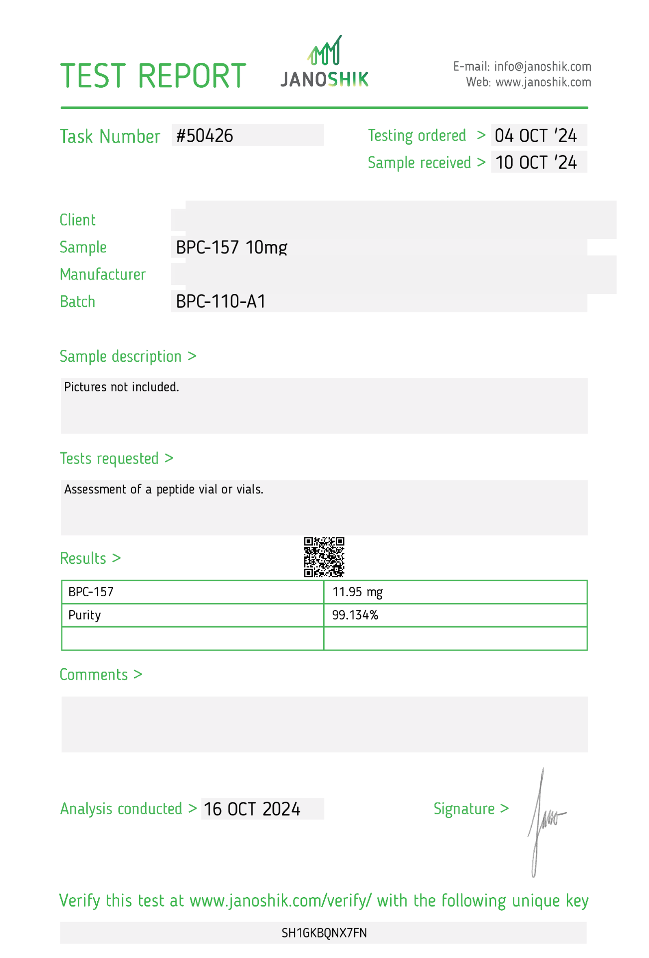 Janoshik test report for BPC-157 10mg, batch BPC-110-A1, 99.134% renhet
