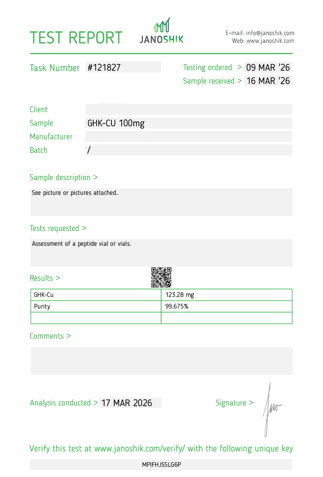 Janoshik test report for GHK-Cu 100mg, batch /, 99.675% renhet
