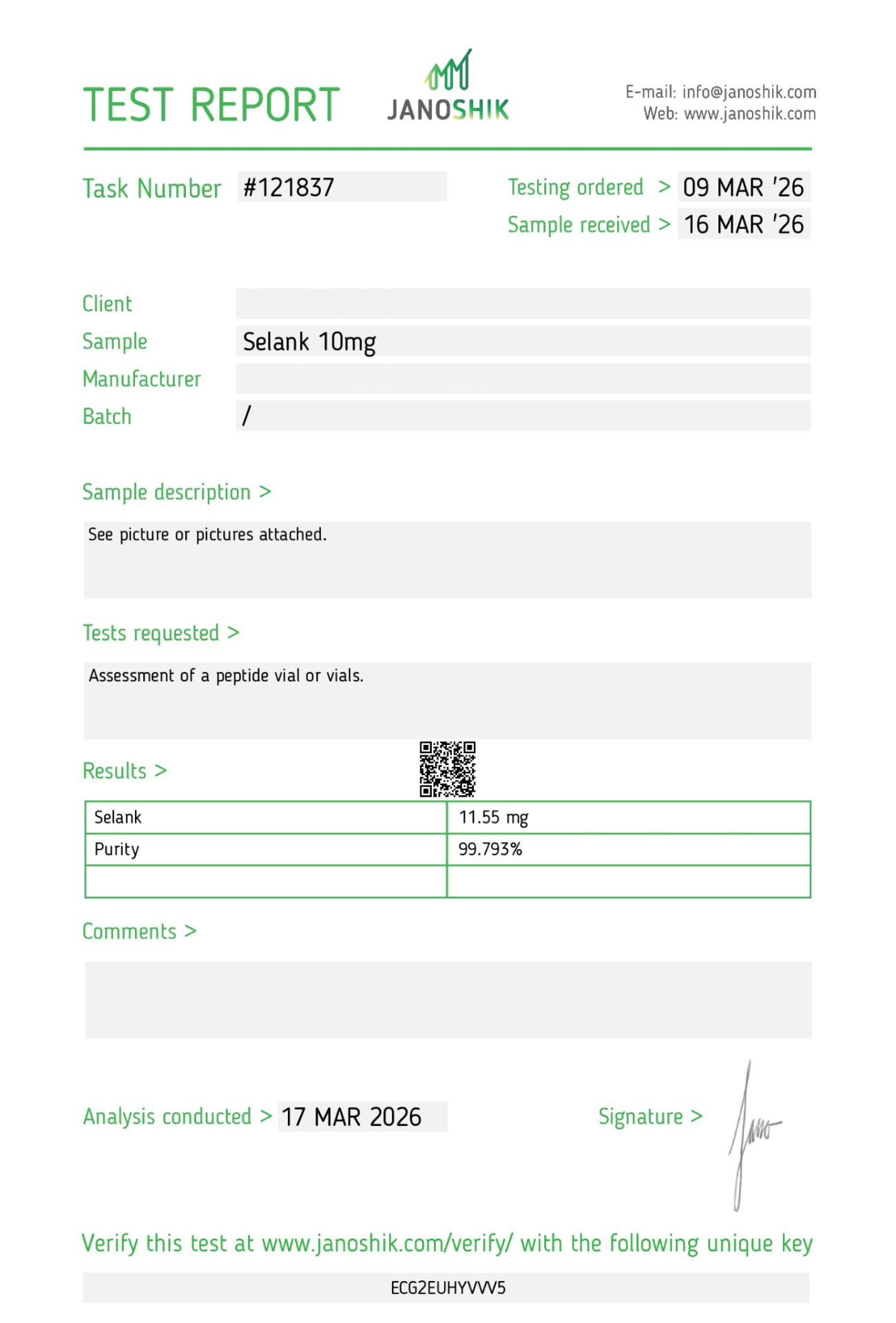 Janoshik test report for Selank 10mg, batch /, 99.793% renhet