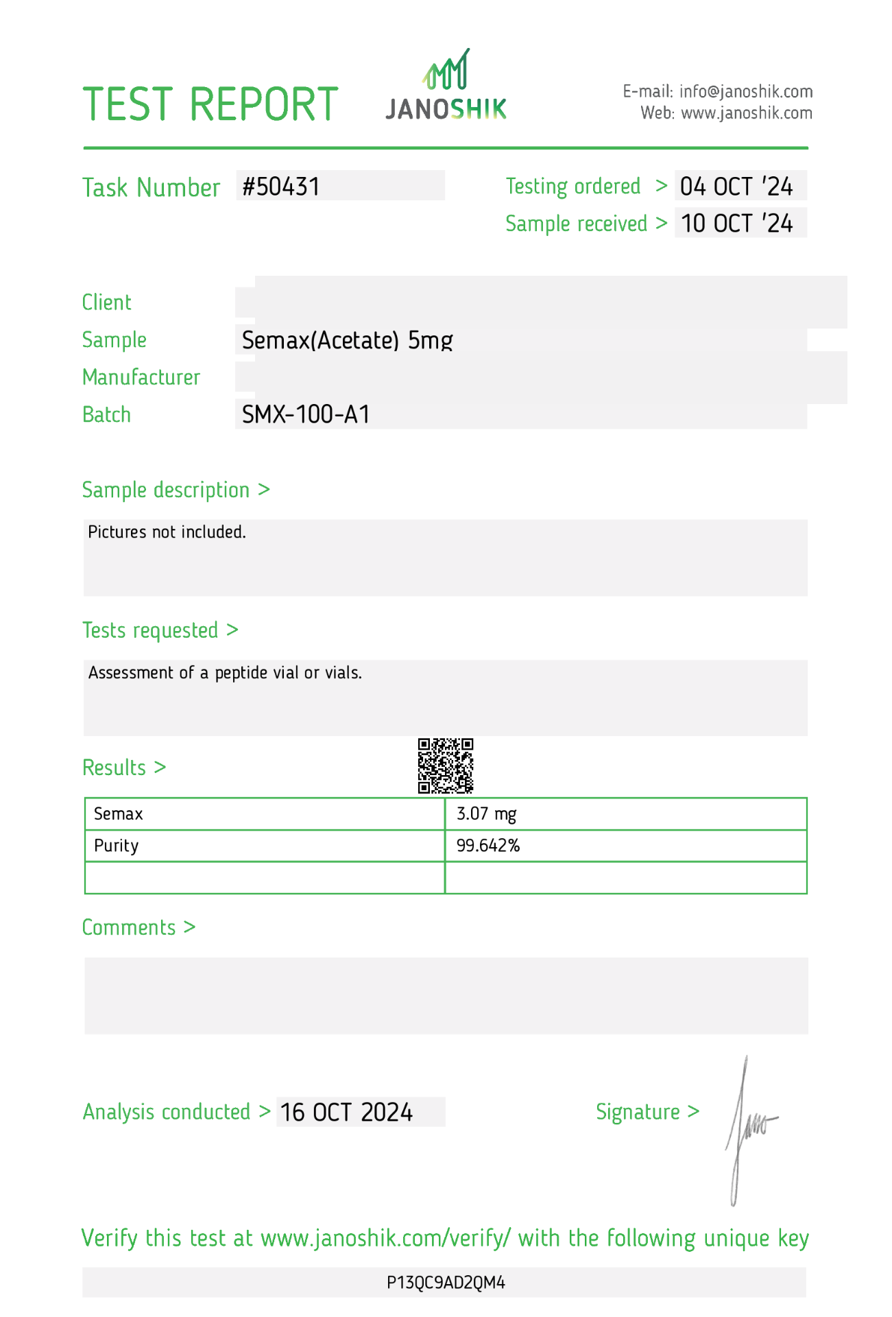 Janoshik test report for Semax 5mg, batch SMX-100-A1, 99.642% renhet
