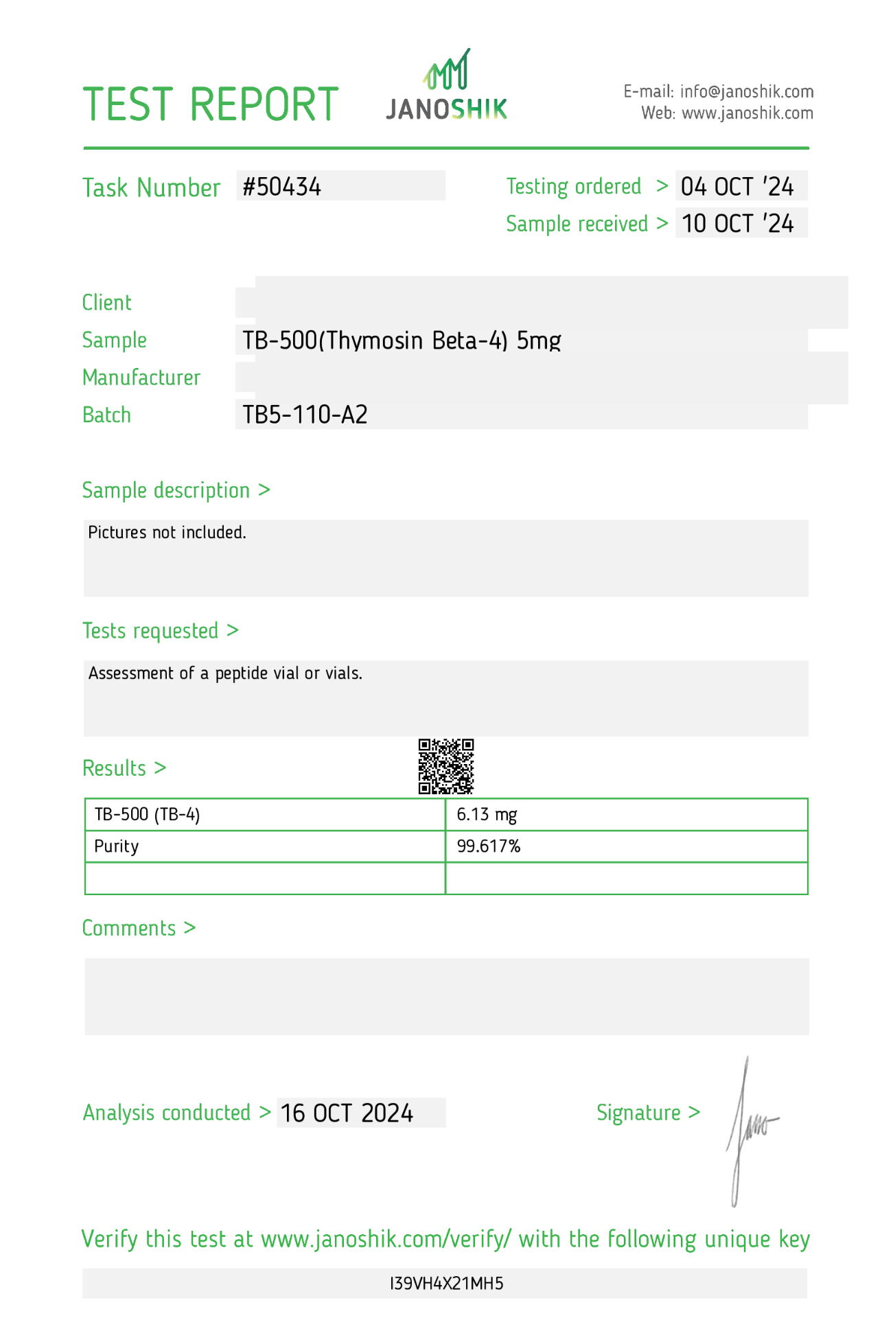 Janoshik test report for TB-500 5mg, batch TB5-110-A2, 99.617% renhet